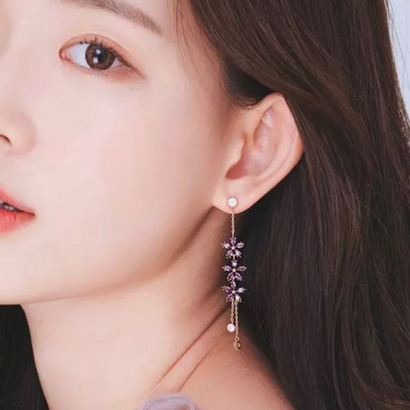 Korean Purple Crystal Flower Drop Earrings - Picture 2 of 6